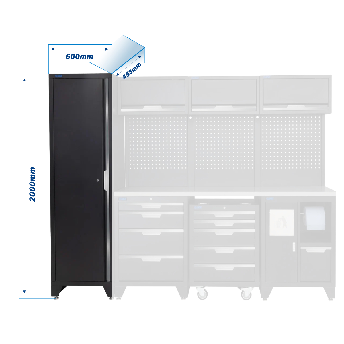 SGS 10pc Modular Garage Storage | 9 Drawers | Stainless Steel Worktop | Tall Single Cabinet | Bin Unit | Mobile Cabinet | 3x Upper Cabinets